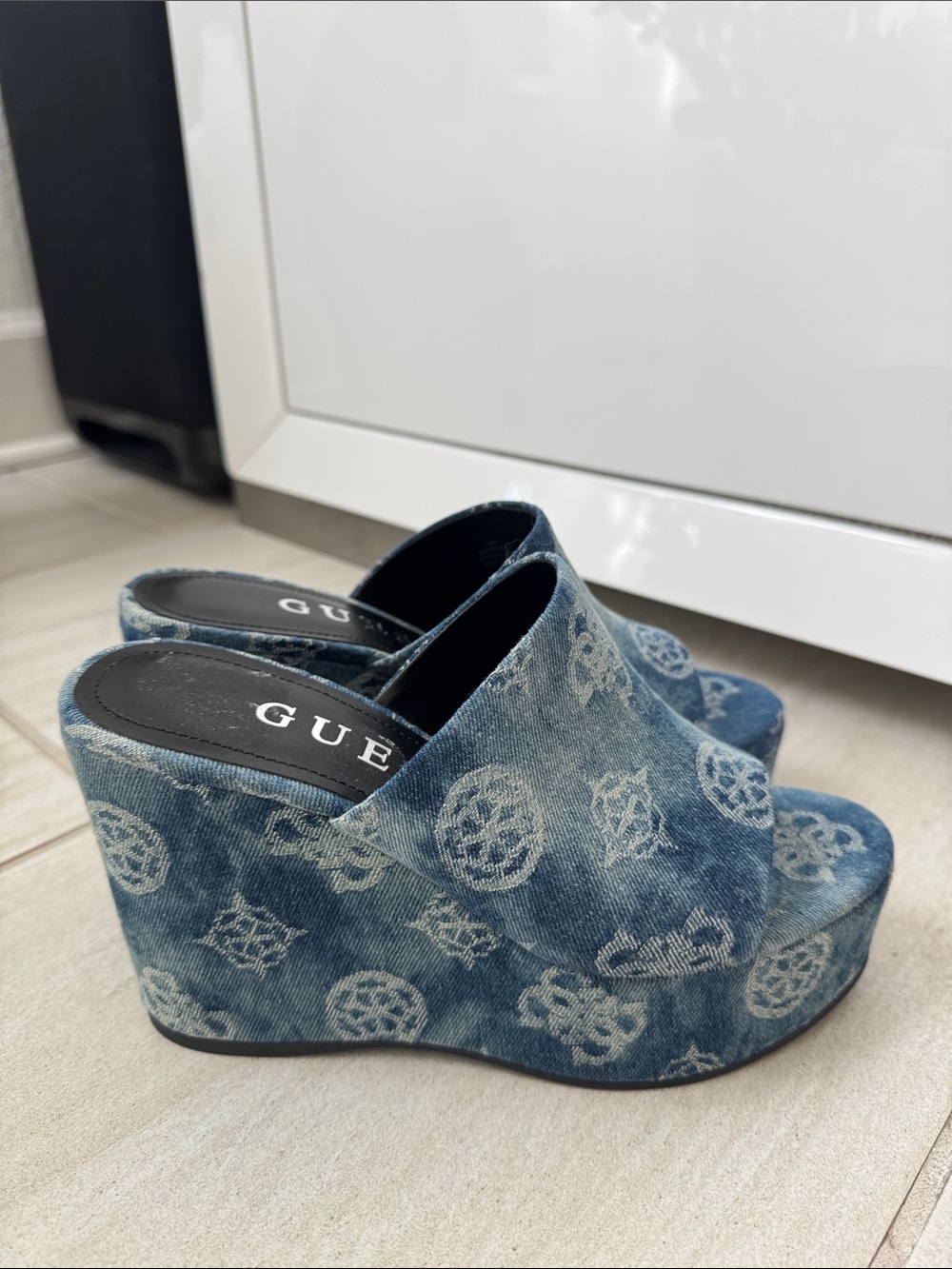 Guess Vintage Y2K Denim Logo Platform Wedge Mules Blue NEW 7.5